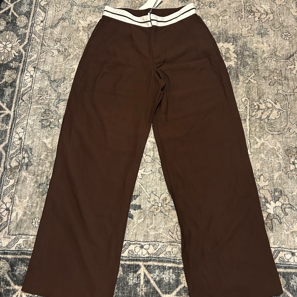 Wayf Brown Wide-Leg Trousers with White Stripe